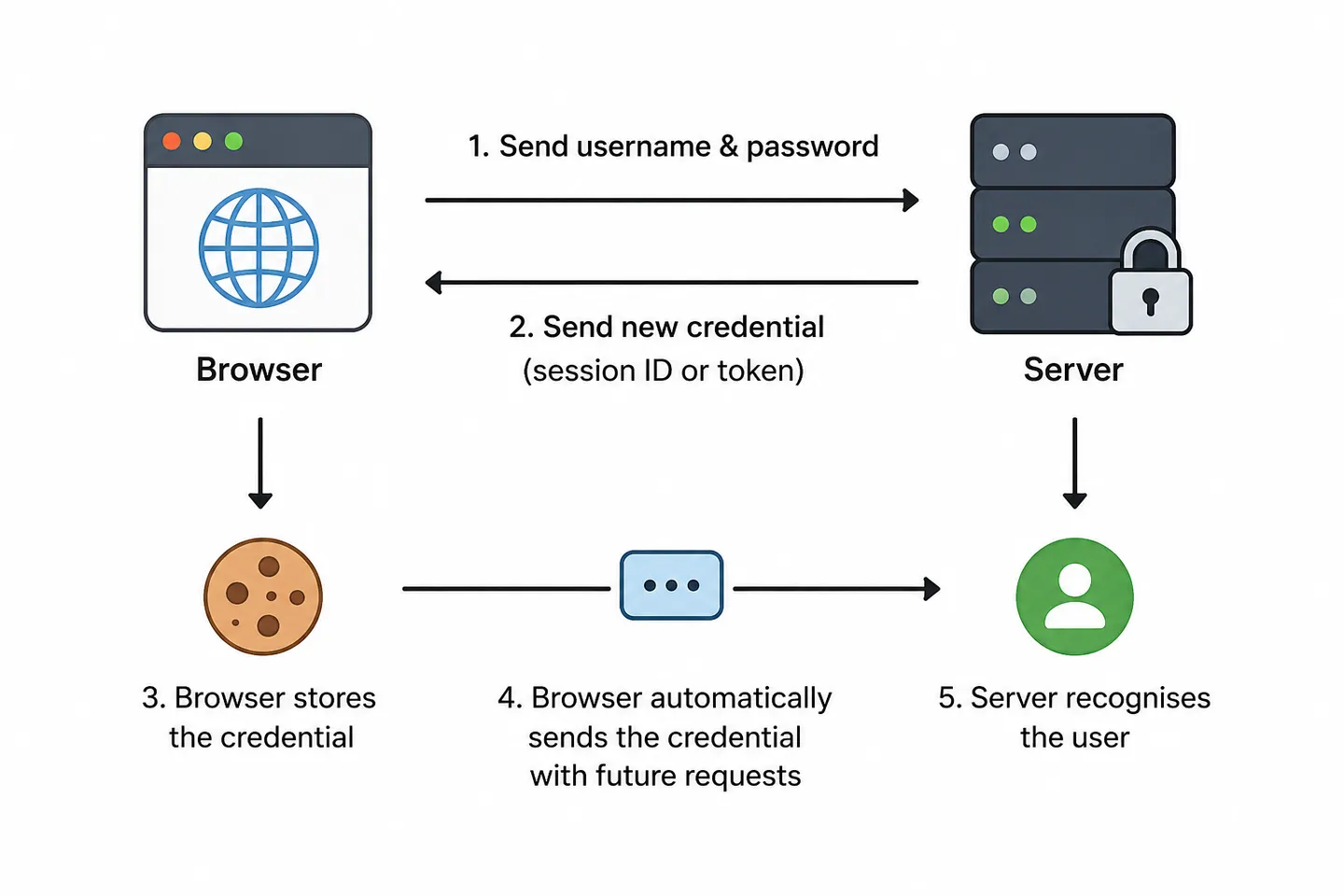 Diagram is showing how a website keeps a user logged in. The browser sends login credentials, the server returns a new credential, the browser stores it and automatically sends it with future requests, allowing the server to recognize the authenticated user.