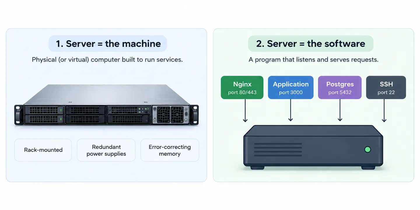 A comparison of the two meanings of the word server, with a flat rack-mounted machine with redundant power supplies and error-correcting memory on one side, and a single computer running Nginx, an application, Postgres and SSH as four separate listening programs on the other.