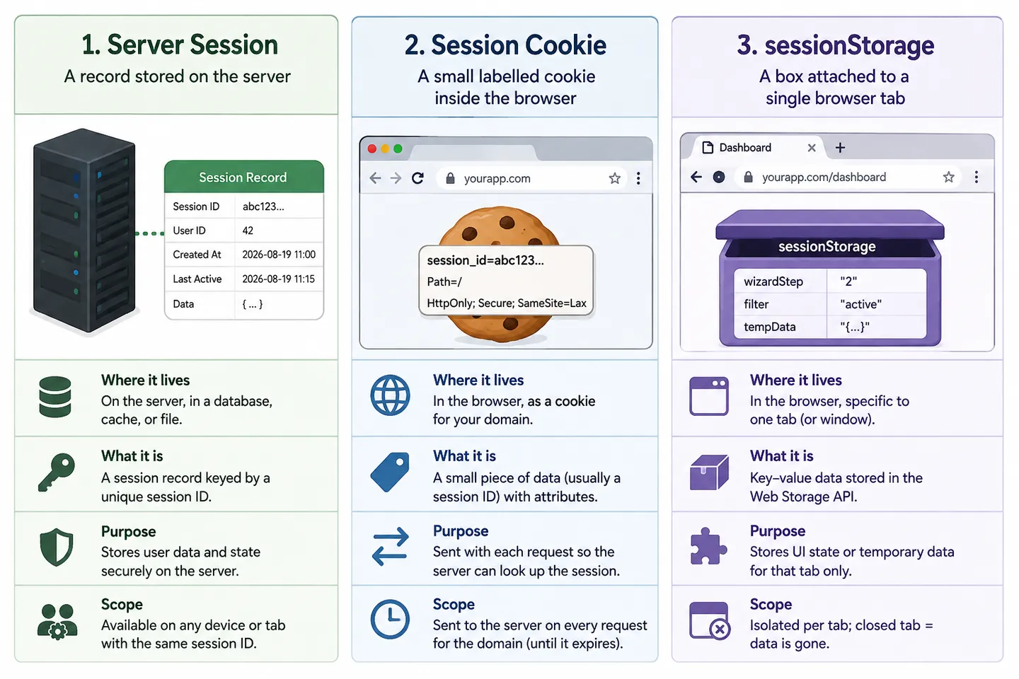 Three columns comparing the server session as a record stored on the server, the session cookie as a small labelled cookie inside the browser, and sessionStorage as a box attached to a single browser tab.